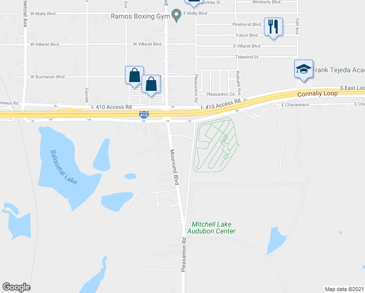 map of restaurants, bars, coffee shops, grocery stores, and more near Pleasanton Road in San Antonio