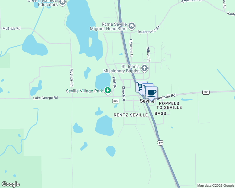 map of restaurants, bars, coffee shops, grocery stores, and more near 250 Lake George Road in Seville