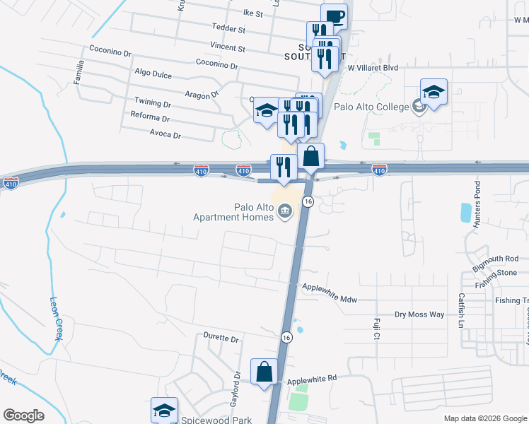 map of restaurants, bars, coffee shops, grocery stores, and more near 10127 Texas 16 in San Antonio