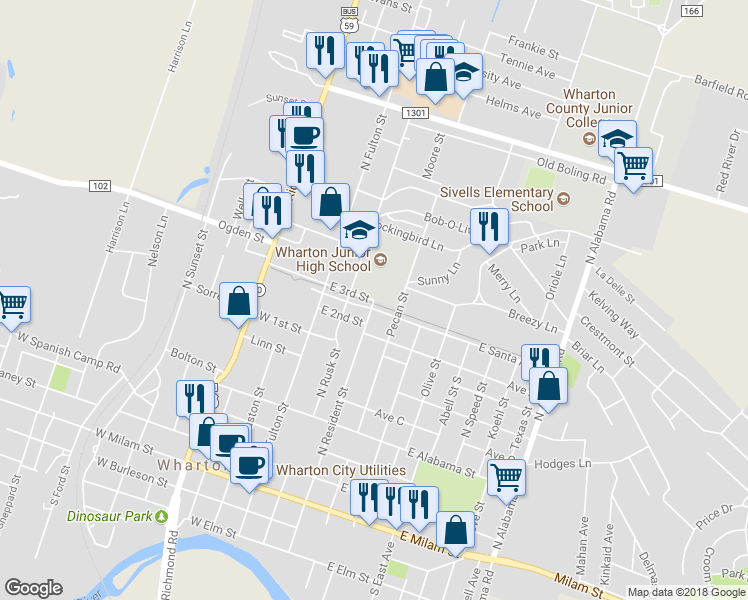 map of restaurants, bars, coffee shops, grocery stores, and more near 423 East 3rd Street in Wharton