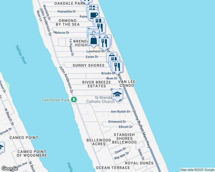 map of restaurants, bars, coffee shops, grocery stores, and more near 21 Plaza Drive in Ormond Beach