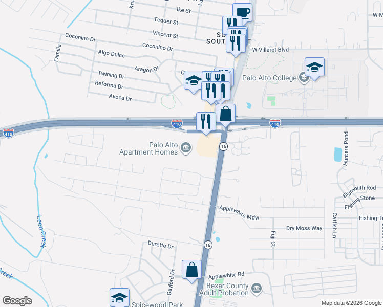 map of restaurants, bars, coffee shops, grocery stores, and more near 10127 Texas 16 in San Antonio