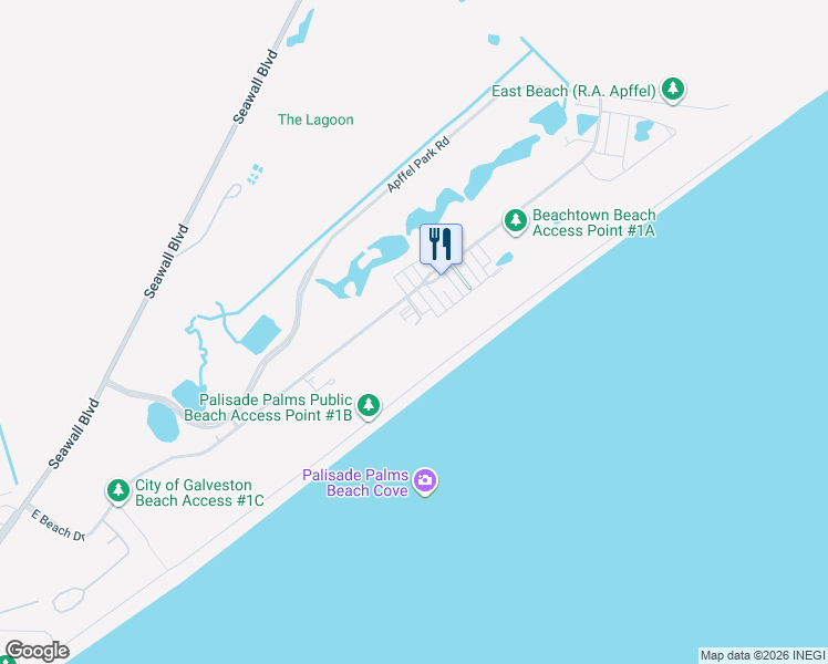 map of restaurants, bars, coffee shops, grocery stores, and more near 1401 East Beach Drive in Galveston