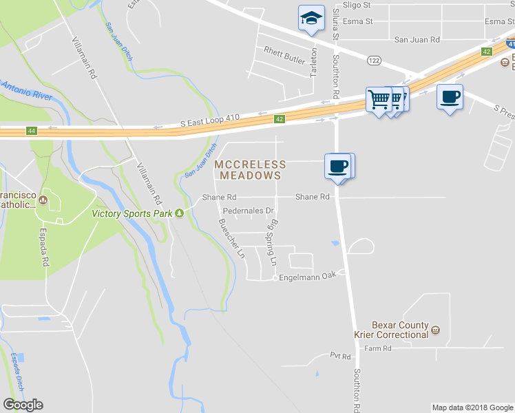 map of restaurants, bars, coffee shops, grocery stores, and more near 3115 Pedernales Drive in San Antonio