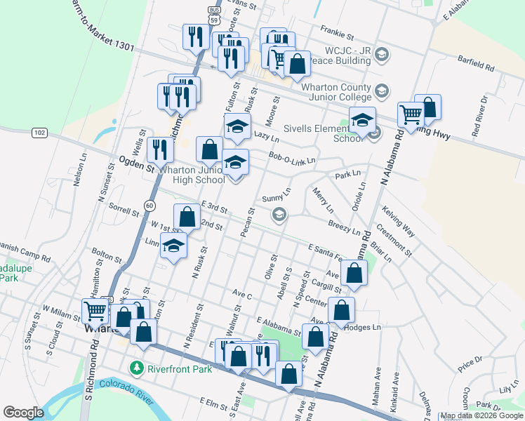 map of restaurants, bars, coffee shops, grocery stores, and more near 423 East 3rd Street in Wharton