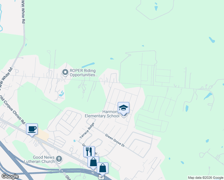 map of restaurants, bars, coffee shops, grocery stores, and more near 5376 Higdon Road in San Antonio