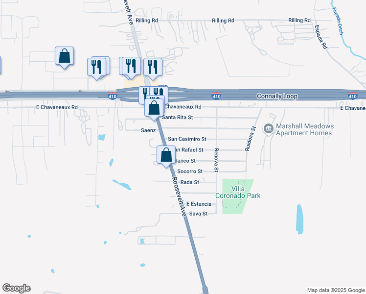 map of restaurants, bars, coffee shops, grocery stores, and more near 1410 San Rafael Street in San Antonio