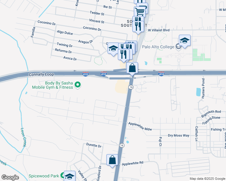 map of restaurants, bars, coffee shops, grocery stores, and more near 10127 Texas 16 in San Antonio