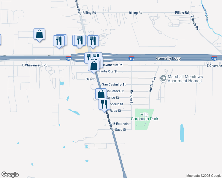 map of restaurants, bars, coffee shops, grocery stores, and more near 1410 San Rafael Street in San Antonio