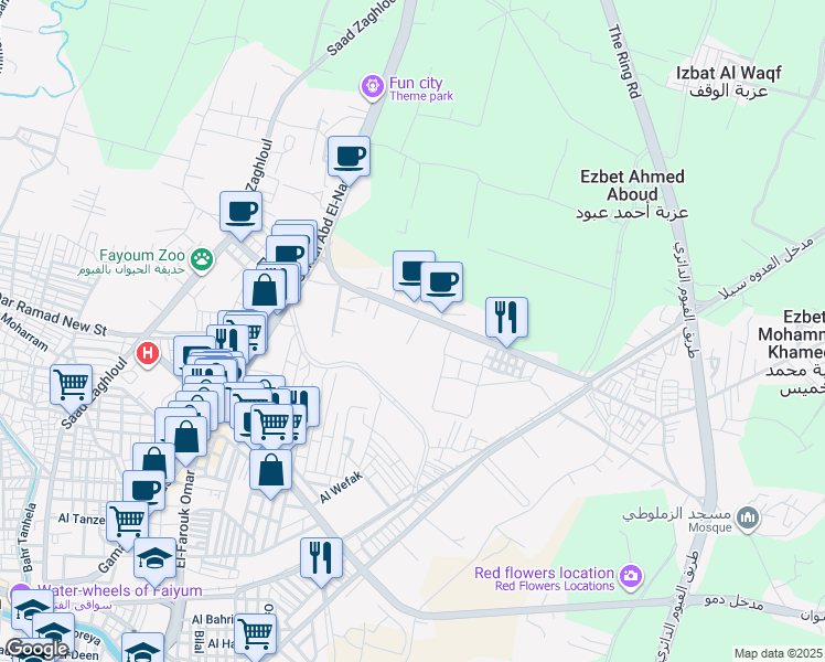 map of restaurants, bars, coffee shops, grocery stores, and more near Madinat Al Fayoum - Kafr Mahzooz in First Al Faiyum