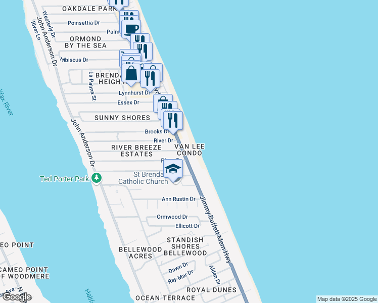map of restaurants, bars, coffee shops, grocery stores, and more near in Ormond-by-the-Sea