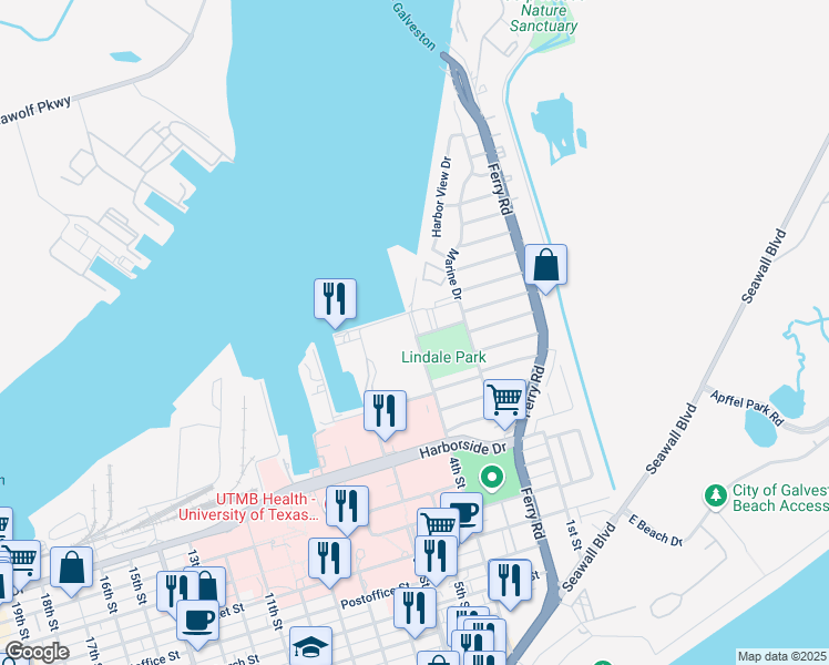 map of restaurants, bars, coffee shops, grocery stores, and more near 7017 North Holiday Drive in Galveston