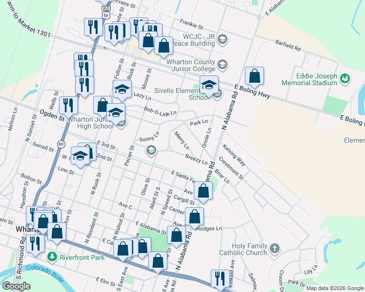 map of restaurants, bars, coffee shops, grocery stores, and more near 798 Breezy Lane in Wharton
