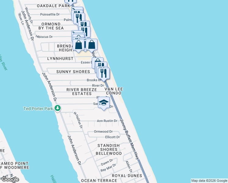map of restaurants, bars, coffee shops, grocery stores, and more near 1051 Ocean Shore Boulevard in Ormond Beach
