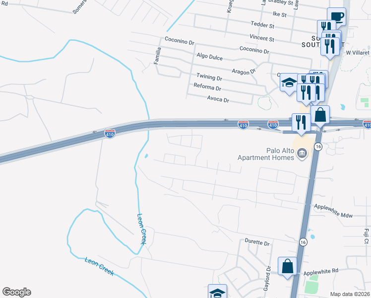 map of restaurants, bars, coffee shops, grocery stores, and more near 3422 Hacienda Way in San Antonio