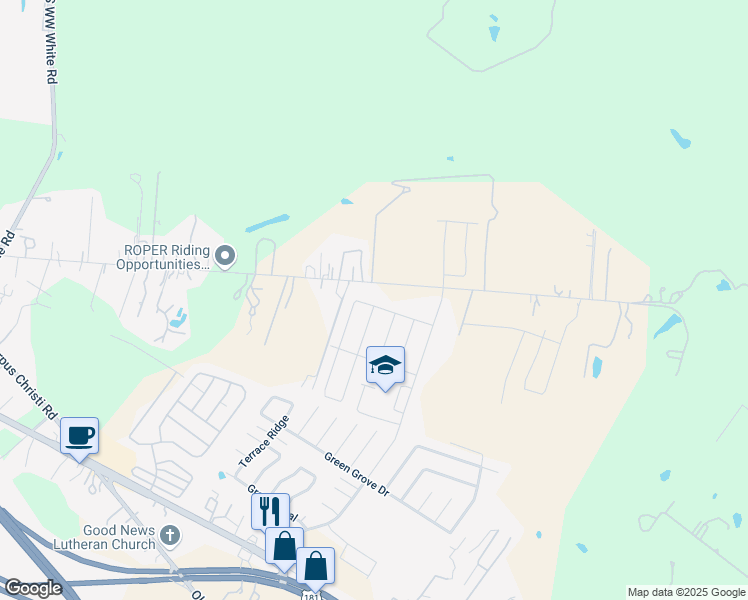 map of restaurants, bars, coffee shops, grocery stores, and more near 5376 Higdon Road in San Antonio