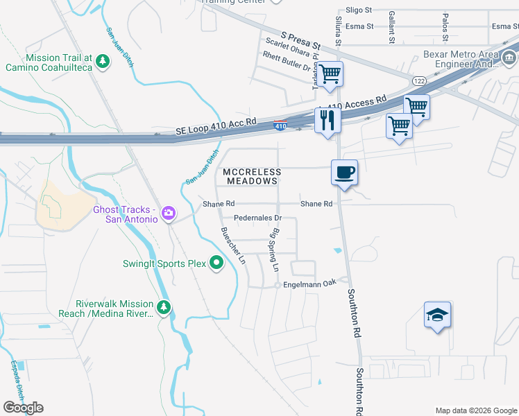 map of restaurants, bars, coffee shops, grocery stores, and more near 10003 Matagorda Cove in San Antonio