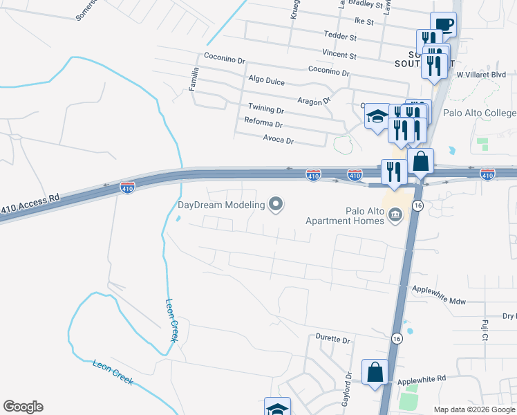 map of restaurants, bars, coffee shops, grocery stores, and more near 10003 Rancho Real Road in San Antonio