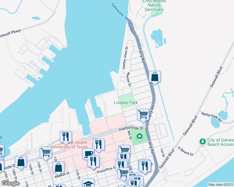 map of restaurants, bars, coffee shops, grocery stores, and more near 7063 North Holiday Drive in Galveston