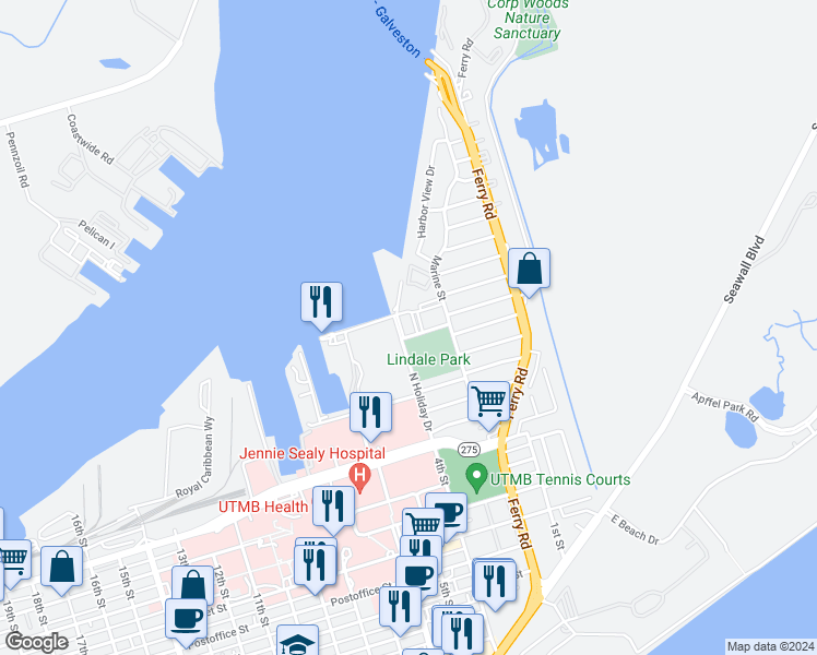 map of restaurants, bars, coffee shops, grocery stores, and more near 7000 North Holiday Drive in Galveston