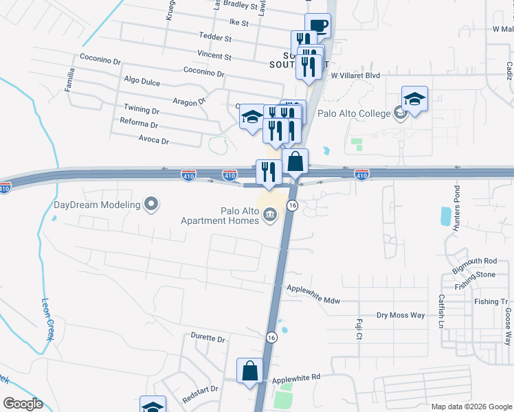 map of restaurants, bars, coffee shops, grocery stores, and more near 10127 State Highway 16 in San Antonio