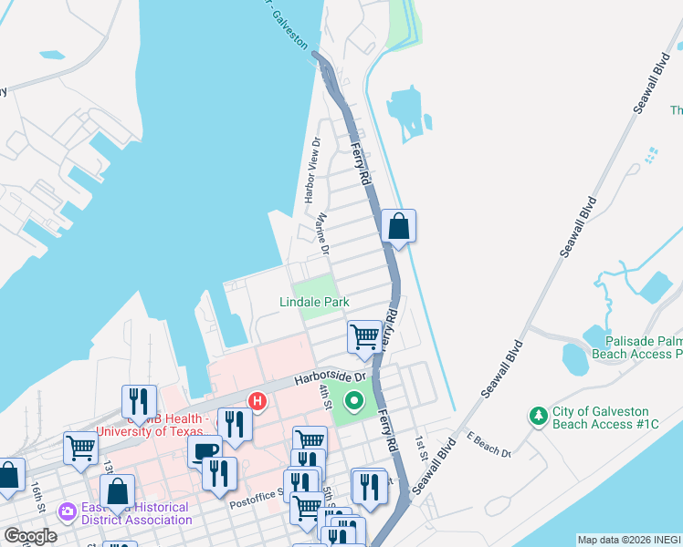 map of restaurants, bars, coffee shops, grocery stores, and more near 118 Albacore Avenue in Galveston