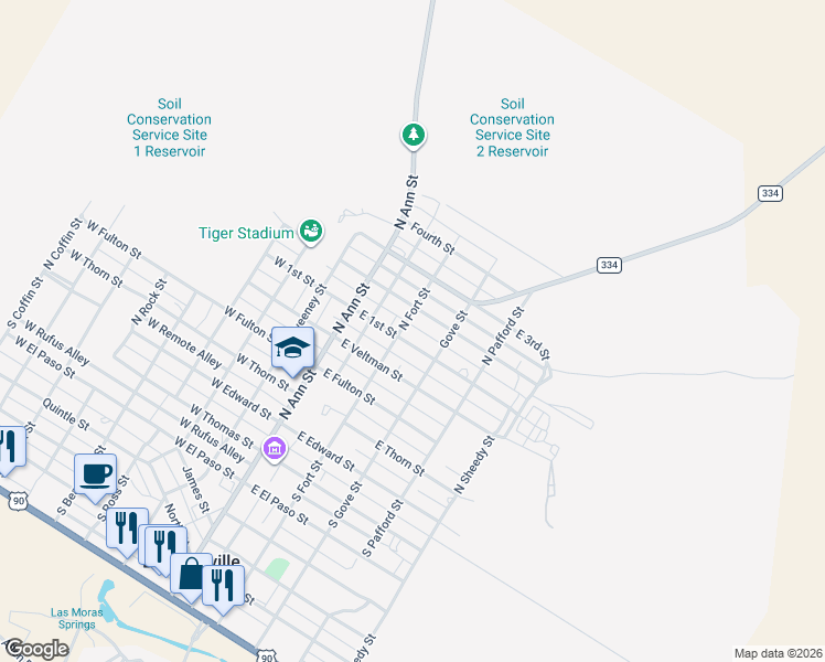 map of restaurants, bars, coffee shops, grocery stores, and more near 308 East 2nd Street in Brackettville