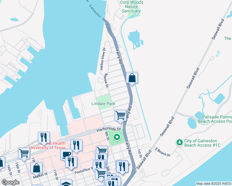 map of restaurants, bars, coffee shops, grocery stores, and more near 120 Bonita Avenue in Galveston