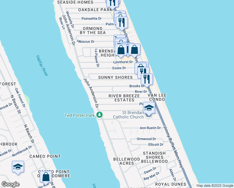 map of restaurants, bars, coffee shops, grocery stores, and more near 37 River Drive in Ormond Beach
