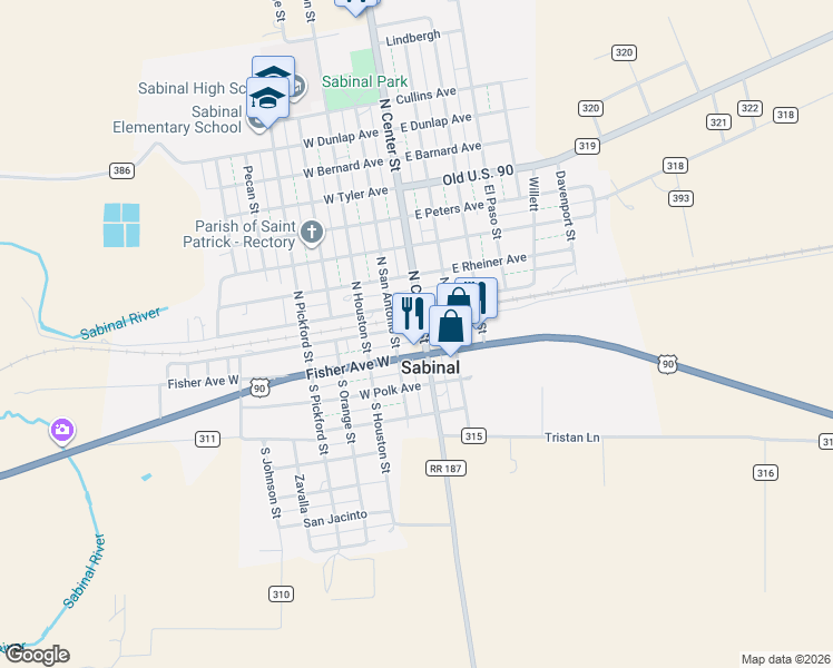 map of restaurants, bars, coffee shops, grocery stores, and more near 102 Southwest Front Avenue in Sabinal