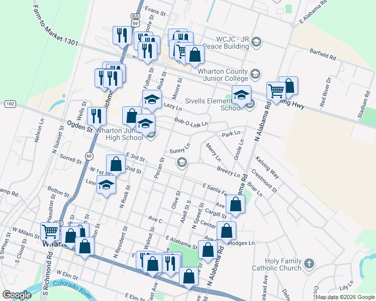 map of restaurants, bars, coffee shops, grocery stores, and more near 604 Sunny Lane in Wharton