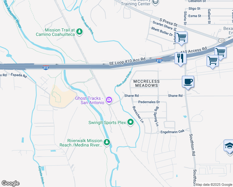 map of restaurants, bars, coffee shops, grocery stores, and more near 3105 Shane Road in San Antonio