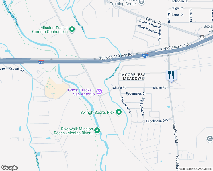 map of restaurants, bars, coffee shops, grocery stores, and more near 3105 Shane Road in San Antonio