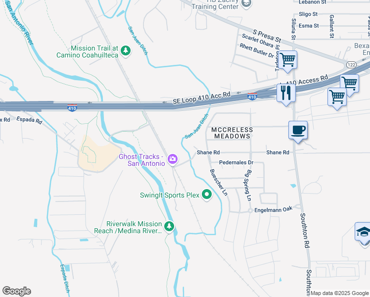 map of restaurants, bars, coffee shops, grocery stores, and more near 3105 Shane Road in San Antonio