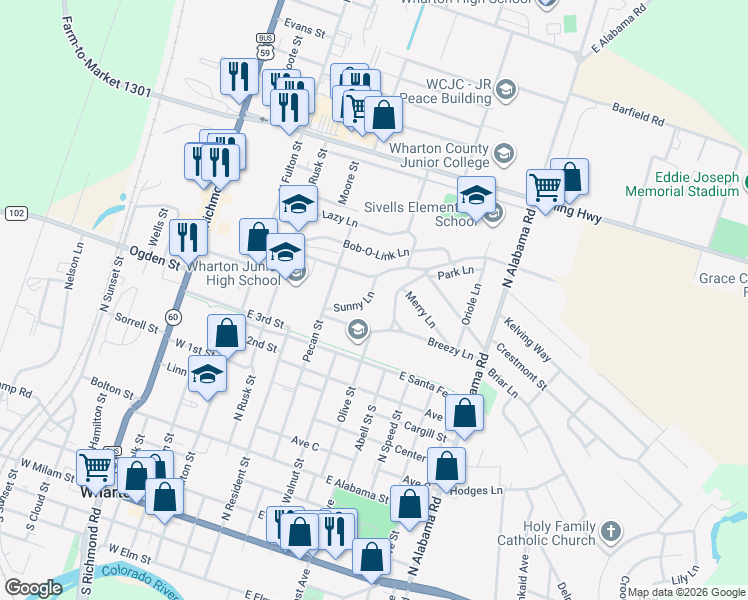map of restaurants, bars, coffee shops, grocery stores, and more near 604 Sunny Lane in Wharton