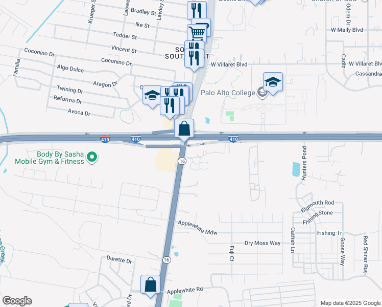 map of restaurants, bars, coffee shops, grocery stores, and more near 9824 Texas 16 in San Antonio