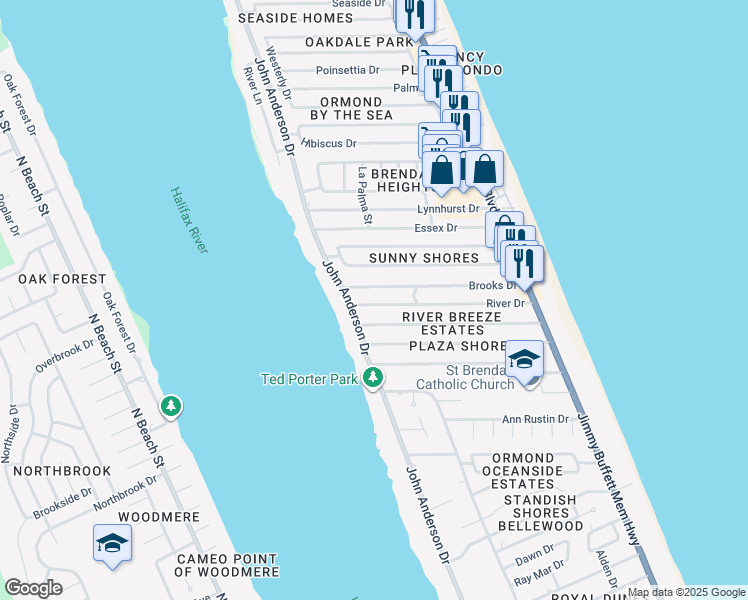 map of restaurants, bars, coffee shops, grocery stores, and more near 71 River Drive in Ormond Beach