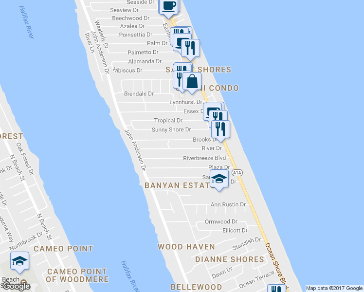 map of restaurants, bars, coffee shops, grocery stores, and more near 37 River Drive in Ormond Beach