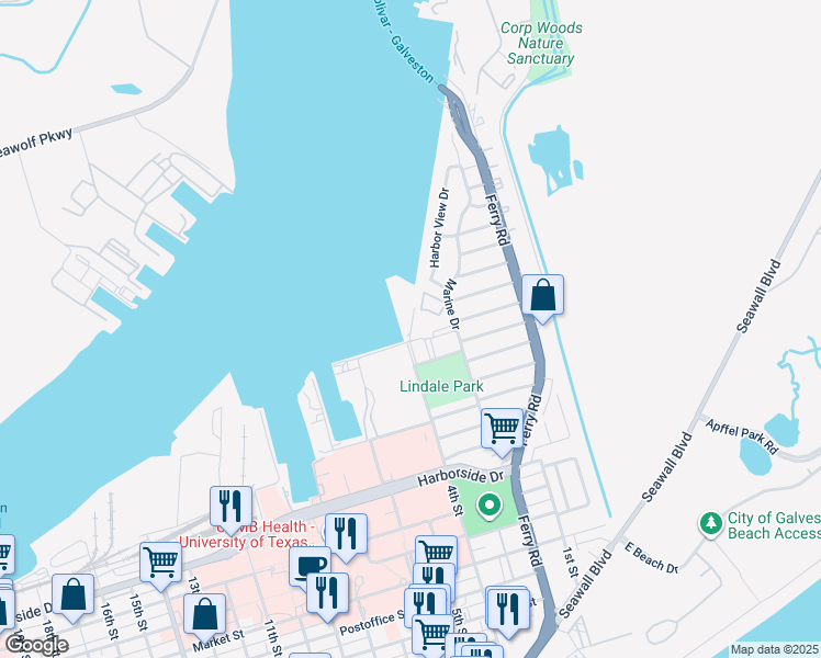 map of restaurants, bars, coffee shops, grocery stores, and more near 7017 North Holiday Drive in Galveston