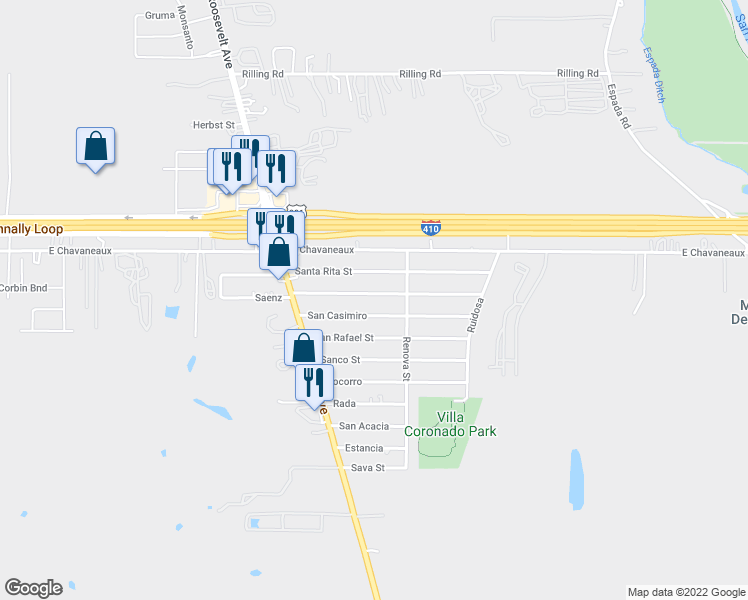 map of restaurants, bars, coffee shops, grocery stores, and more near 1502 Saenz in San Antonio