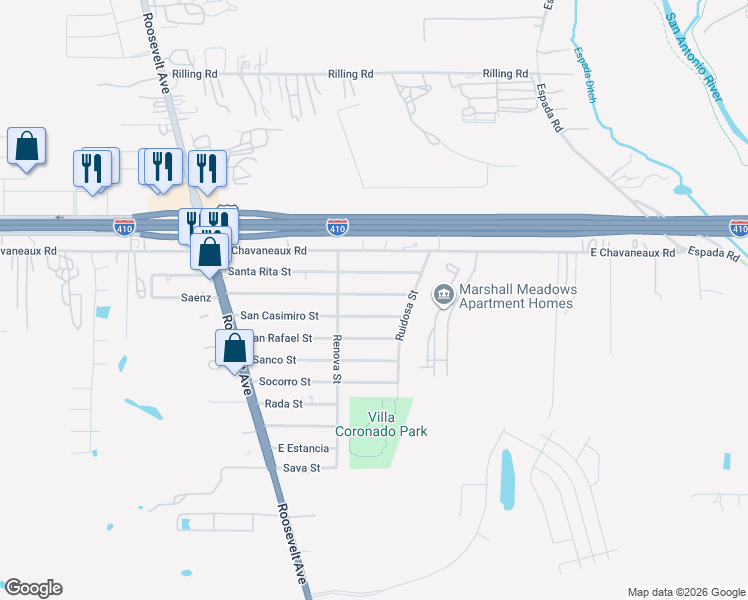 map of restaurants, bars, coffee shops, grocery stores, and more near 1638 Saenz in San Antonio