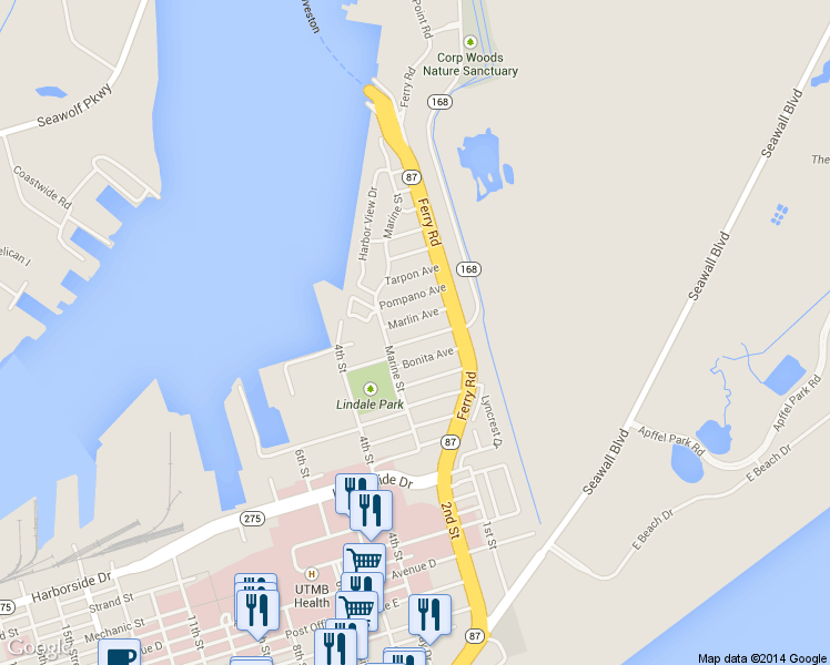 map of restaurants, bars, coffee shops, grocery stores, and more near 118 Albacore Ave in Galveston
