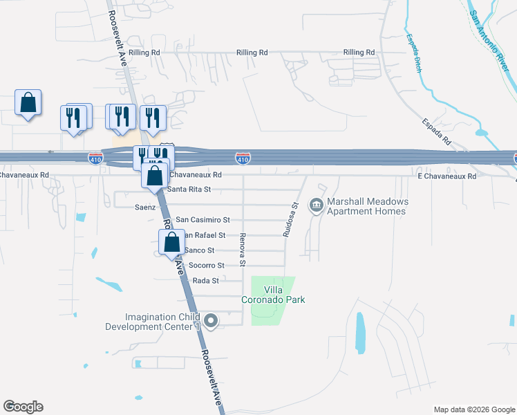 map of restaurants, bars, coffee shops, grocery stores, and more near 1638 Saenz in San Antonio