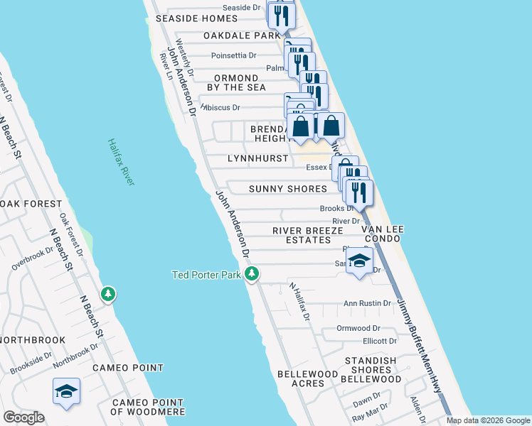 map of restaurants, bars, coffee shops, grocery stores, and more near 53 River Drive in Ormond Beach