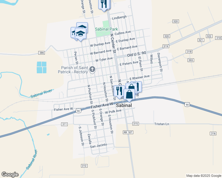 map of restaurants, bars, coffee shops, grocery stores, and more near 301 South San Antonio Street in Sabinal
