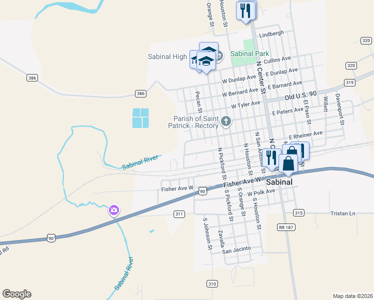 map of restaurants, bars, coffee shops, grocery stores, and more near 608 West Kennedy Avenue in Sabinal