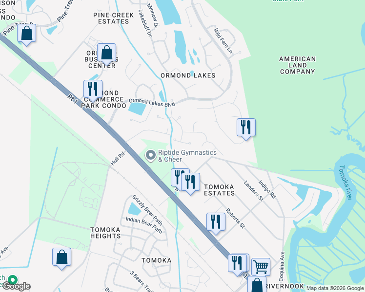 map of restaurants, bars, coffee shops, grocery stores, and more near 9 Deerskin Lane in Ormond Beach