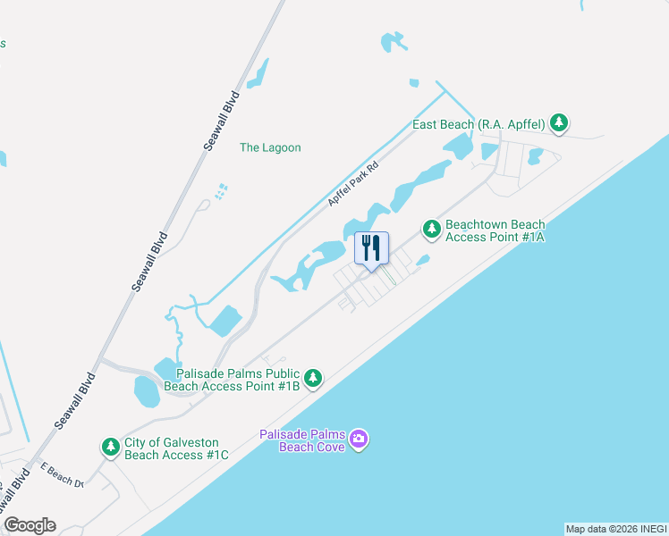 map of restaurants, bars, coffee shops, grocery stores, and more near 1542 Beachtown Drive in Galveston