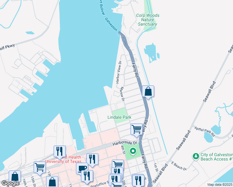 map of restaurants, bars, coffee shops, grocery stores, and more near 921 Marine Street in Galveston
