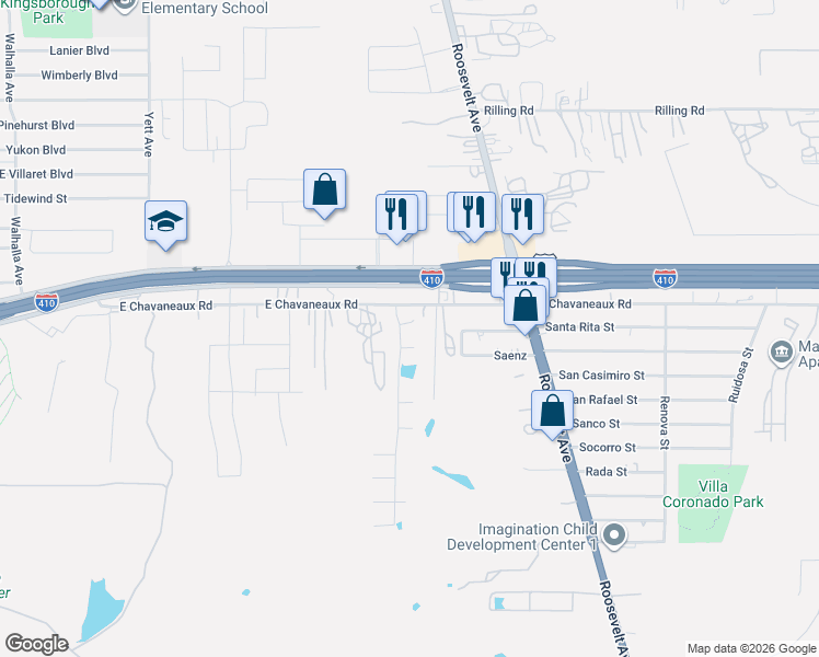 map of restaurants, bars, coffee shops, grocery stores, and more near 1046 East Chavaneaux in San Antonio